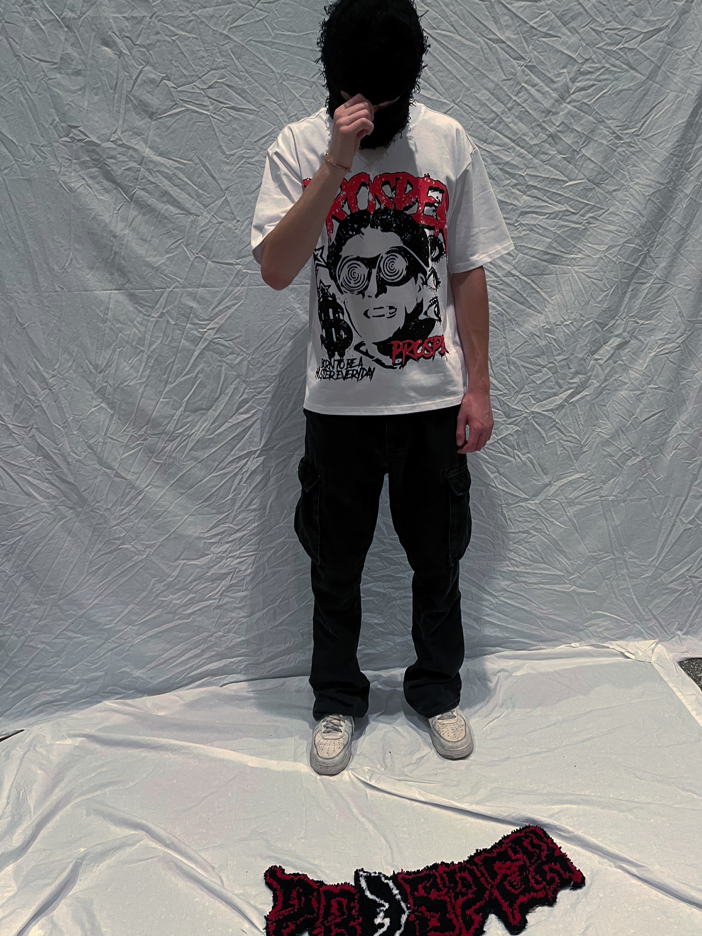 Red graphic tee full look